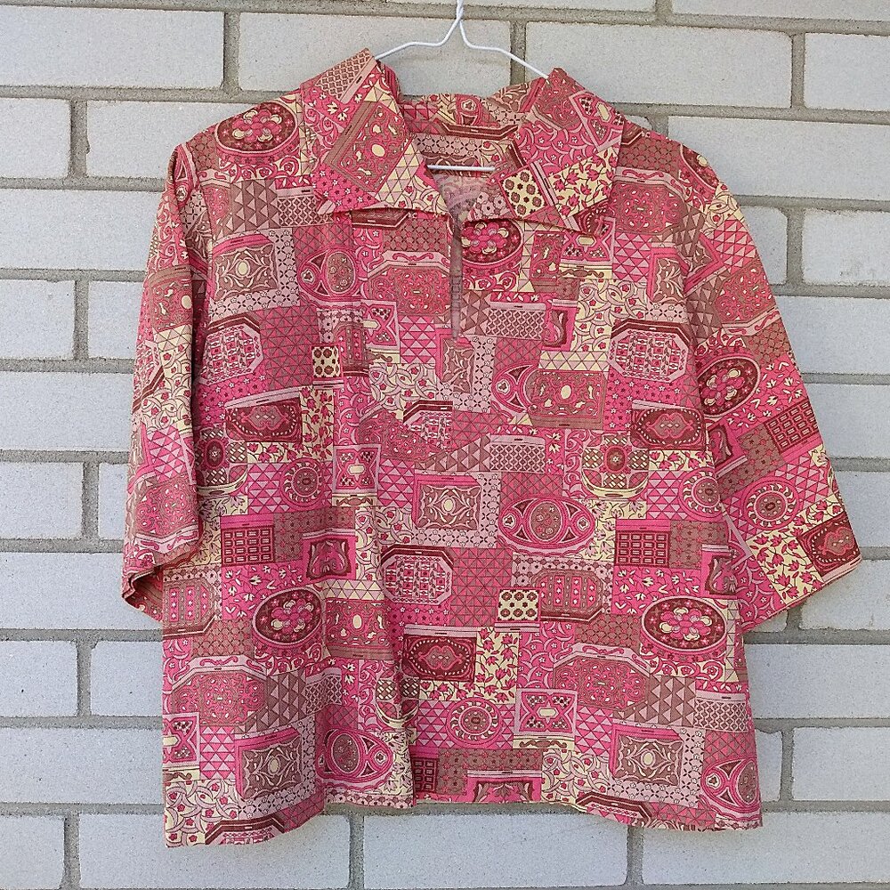 Vintage 60s 70s Tunic Top 42" Bust Wide Collar Pink Yellow Patchwork Handmade